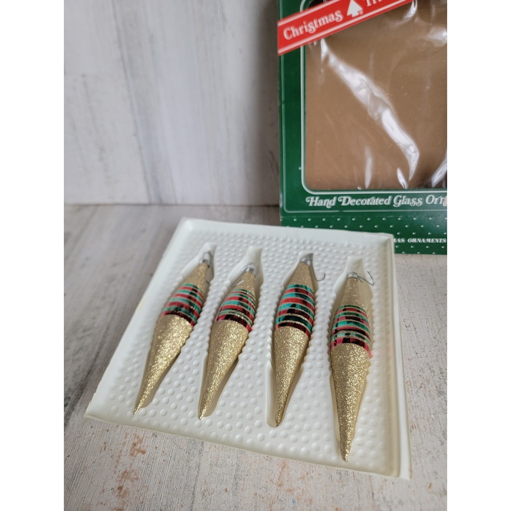 Christmas trimmeries golden glitter teardrop shape vintage ornament Xmas set